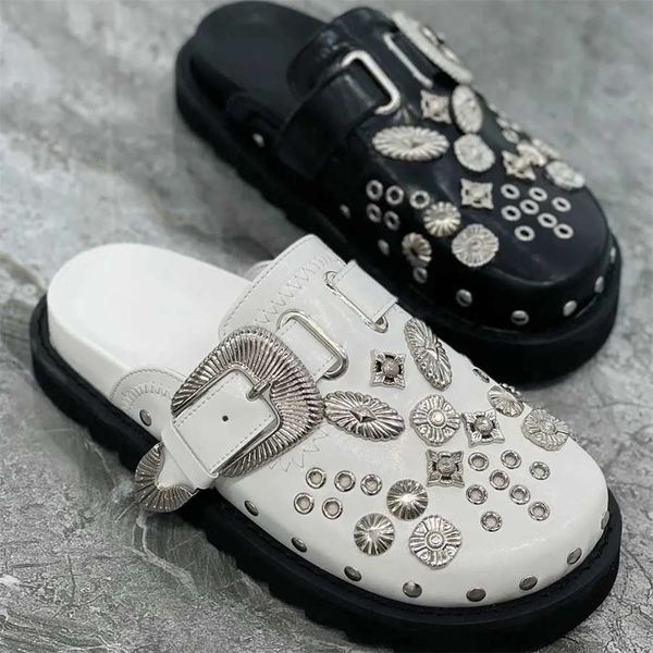 

summer women slippers platform punk rock leather mules creative metal fittings casual party shoes female outdoor slides slipper sandals, Black