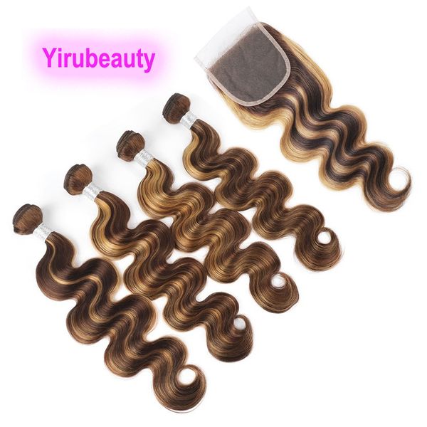

yirubeauty indian 100% human hair 4 bundles with lace closure middle three part p4 27 baby hair silky straight body wave 10-30inch, Black;brown