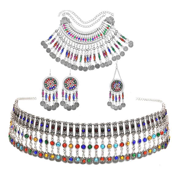 

wedding jewelry sets turkish bohemian coin necklaces earrings belly chains hair clips for women afghan indian festival party 230321, Slivery;golden