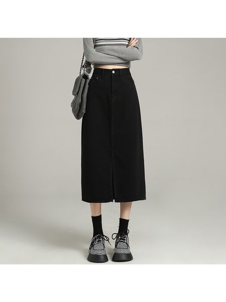 

skirts black skirt in autumn and winter 2023 design split front high waist slim middle long a shaped denim femal 230321
