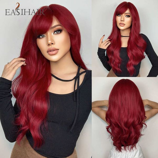 

synthetic wigs easihair long wavy wine red synthetic wig women's heat resistant natural hair with bangs for women cosplay christmas lol, Black