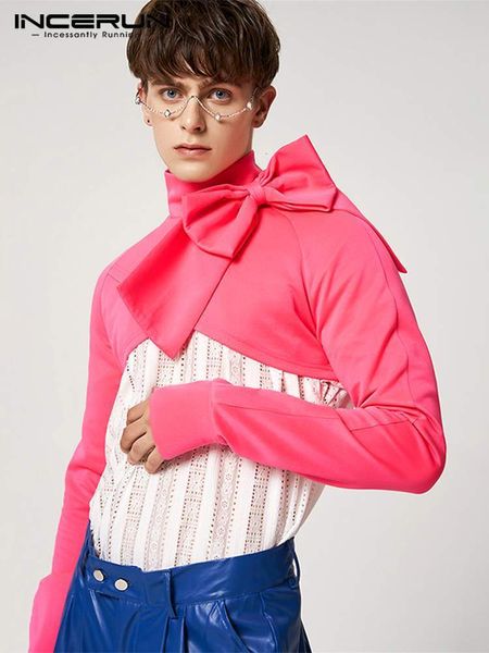 

men s t shirts incerun men t shirt turtleneck long sleeve bow knot irregular crop 2023 solid color streetwear stylish camisetas s 5xl 23032, White;black