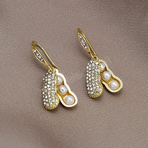 

female simple pearl crystal cute peanut pendant earrings charm yellow gold color dangle earring stone wedding earrings for women, Silver