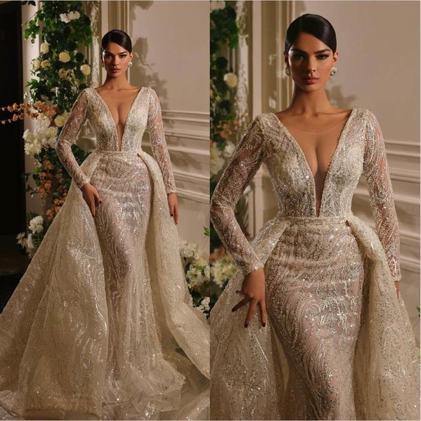 

elegant illusion mermaid wedding dress with detachable train sparkly sequins sheer neck long sleeve bridal gowns bride dresses, White