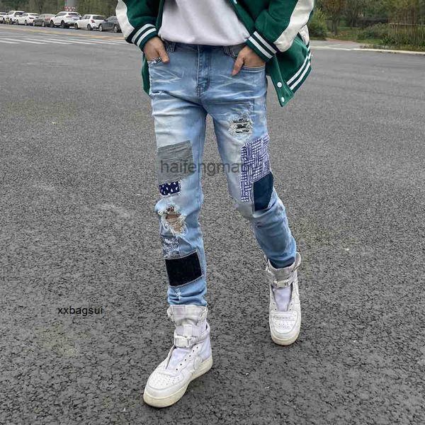 

mens jeans chao brand fog high street hole worn beggar wind wash water elastic locomotive slim ins jeans, Blue