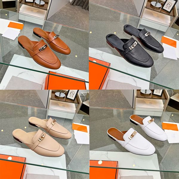 

designers sandal women oz mules genuine leather slippers kelly metal buckle sandal ladies flat slipper classic rubber loafers size 35-42, Black