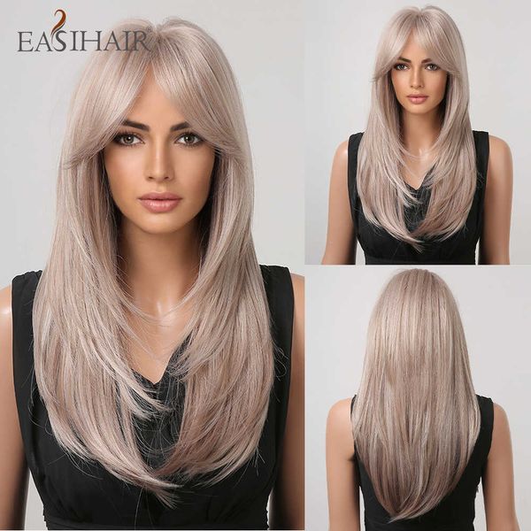 

synthetic wigs easihair blonde synthetic wigs long straight layered natural hair for women with bangs daily cosplay wig heat resistant 23022, Black