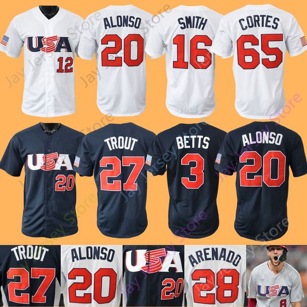

2023 team usa wbc baseball jersey mike trout bobby witt jr. clayton kershaw nolan arenado nestor cortes realmuto betts tucker schwarber gold, Blue;black