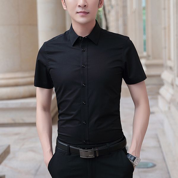 

men's casual shirts browon men summer shirt short sleeve solid color slim fit business mens shirts casual slim fit men clothes 230322, White;black