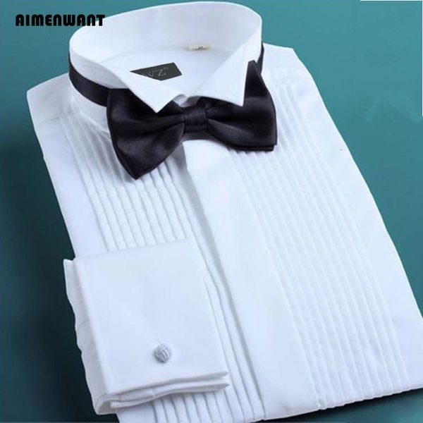 

men's casual shirts aimenwant tuxedo shirts mens korea slim fit bow tie wedding shirt white business french-cuffed shirt dress shirts 2, White;black