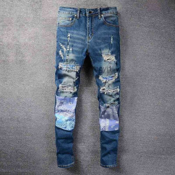 

mens jeans designer high street fashion brand new broken hole jeans men's hip hop patch slim fit small foot beggar pants tide, Blue