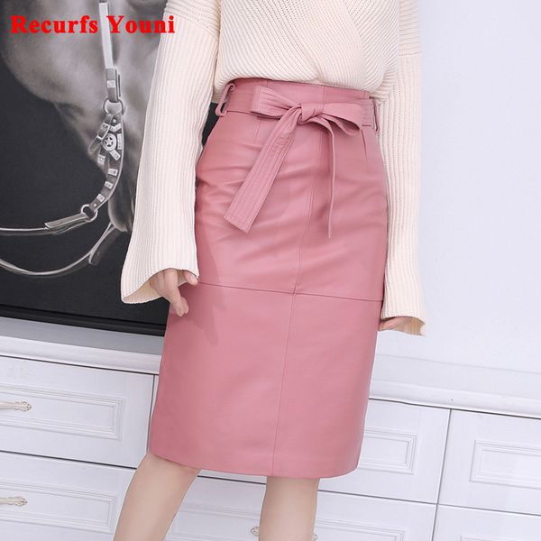

skirts spring women genuine leather ol knee length skirt female elegant slim wrap jupe with belt mujer pink custom big size faldas 230322, Black