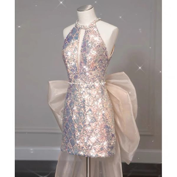 

candy pink halter prom dresses backless detachable bow train pearl for celebrity short mermaid evening sequin party gowns new, Black