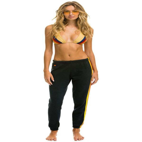 

women's pants s 2023 fashion europeusa style sweatpantgirl mid waist elastic band rainbow striped embroidery ribbon knit sport 230322, Black;white