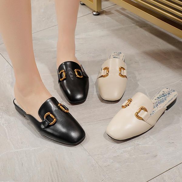 

r slippers summer women's slippers classic catwalk style slippers flat slippers pure leather wear-resistant slippers fashion trend slip, Black