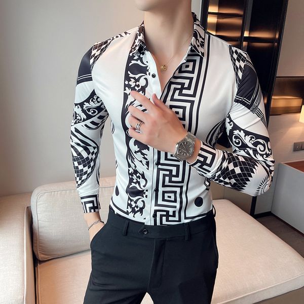 

men's casual shirts 23color 6xl luxurious man vintage printed social shirts mens white slim fit long sleeve dress shirt fashion casual, White;black