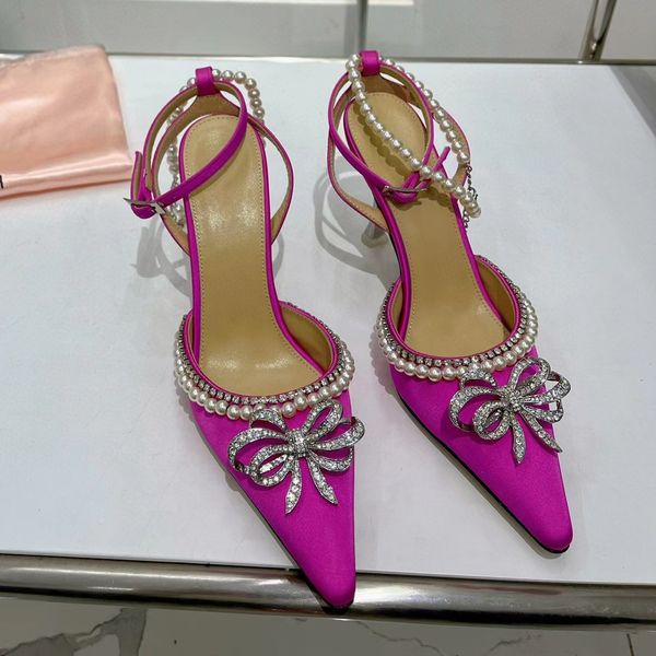 

2023 ladies real leather sandals stiletto high heel pointed toe pillage buckle pearl diamond satin shoes party ankle strap bowtie wedding am, Black