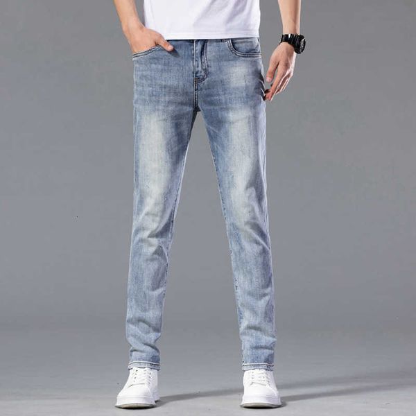 

and spring summer men's jeans elastic feet slim fit high fashion korean youth long pants, Blue