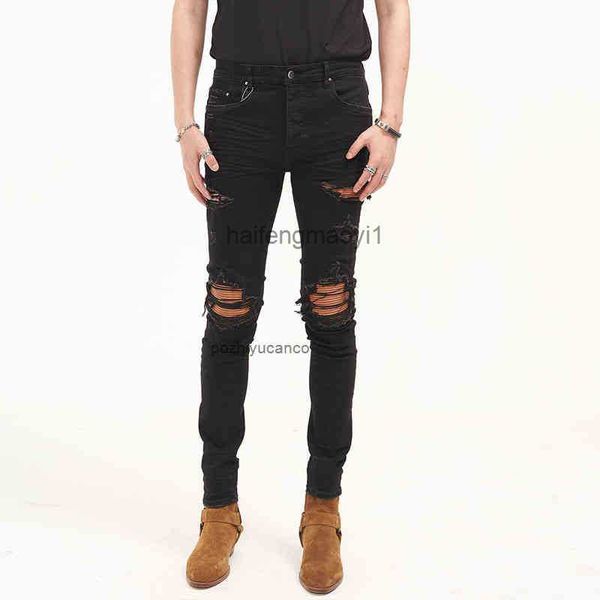 

designer men jeans ch high street tide brand washing water old black cattle holes and skin patches slim fit small feet elastic, Blue