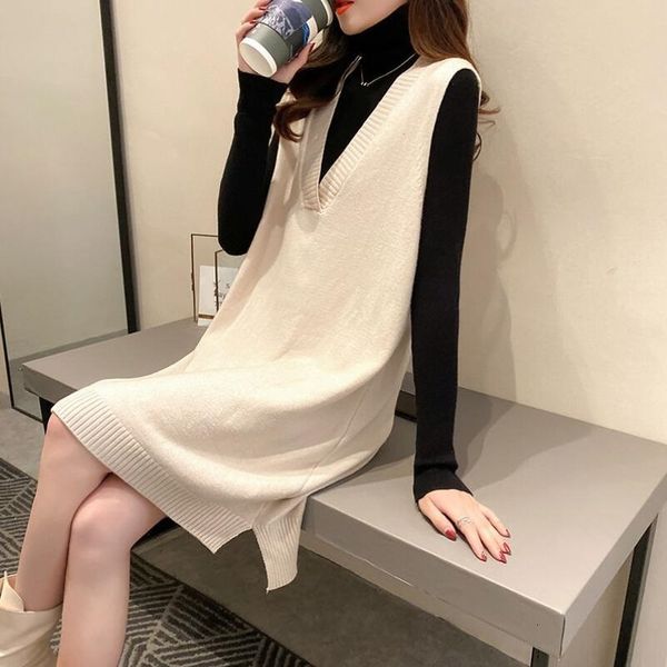 

women's vests autumn winter loose sleeveless knitted sweater dress women long vest ladies v-neck pullovers female outerwear pull femme, Black;white