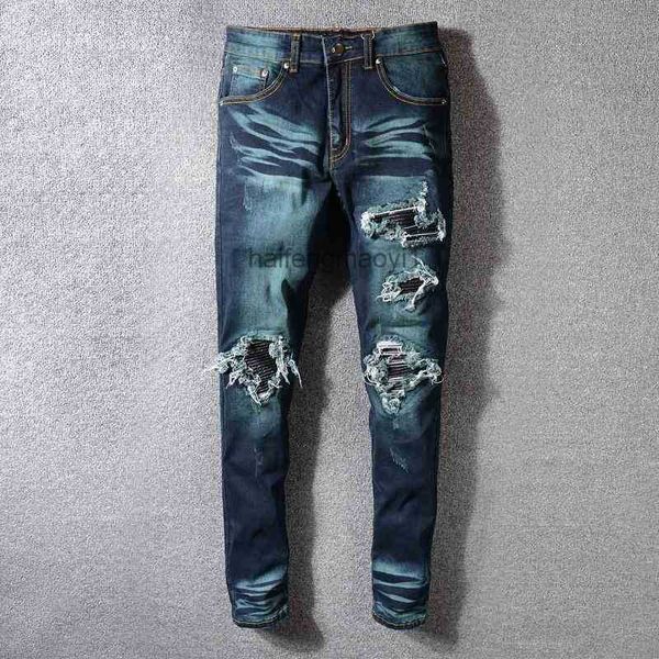 

mens jeans designer european and american high street fashion brand autumn new hole pu patch jeans men's elastic slim pants hip, Blue