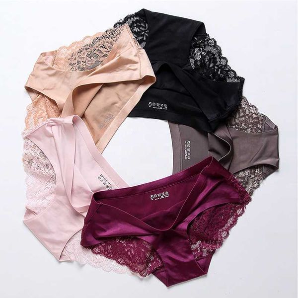 

ladies satin ice silk women briefs seamless lace women's panties woman underwear support customization, Black;pink