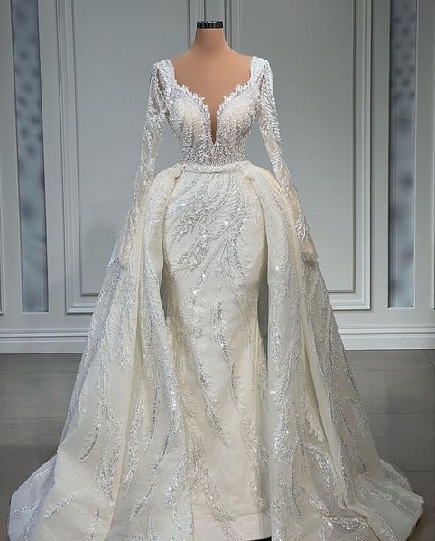

luxury mermaid wedding dresses long sleeves v neck beaded sequins diamonds appliques 3d lace detachable train zipper bridal gowns plus size, White