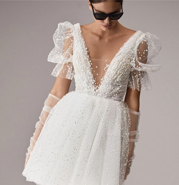

2023 new arrival short wedding party dress puff sleeves v neck tutu backless mini civil bride gowns summer vestidos de novia, White