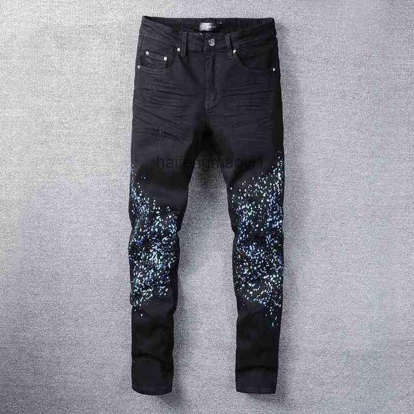 

mens jeans designer high street fashion brand new star sky graffiti splash ink black knife cut hole jeans men's elastic slim 818, Blue