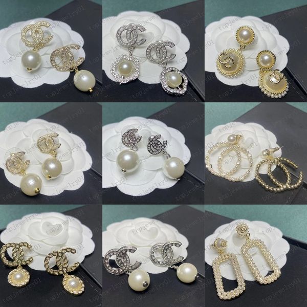 

simple stud 18k gold plated 925 silver luxury brand designers letters stud geometric famous women round crystal rhinestone pearl earring wed, Golden;silver