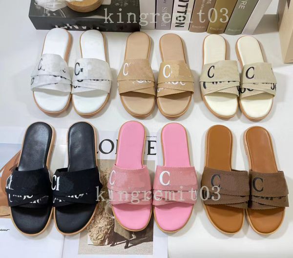 

designer slippers women woody flat mules slides canvas webbing slipper designer lady womens lettering fabric leather sole slide sandal, Black
