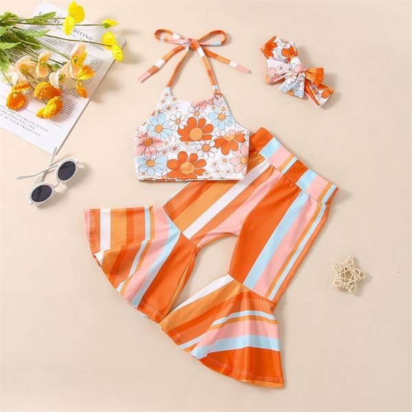 

clothing sets 12 16 lioraitiin 0 5years toddler girl summer clothes 3pcs flower print halter camisole stripe flare pants bow headband 230322, White