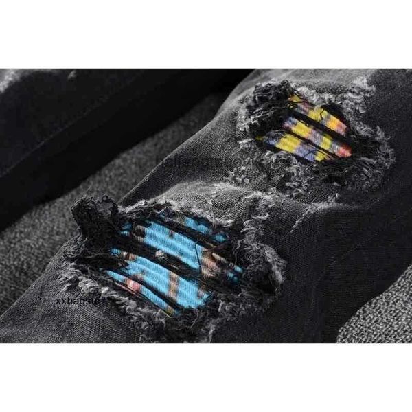 

mens jeans trend men's knee color patch perforated denim small foot motorcycle pants 638 kze, Blue