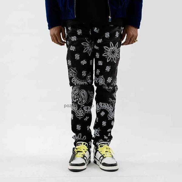 

designer men jeans ch high street tide brand wash water black diamond cashew flower print elastic slim fit small leg jeans, Blue