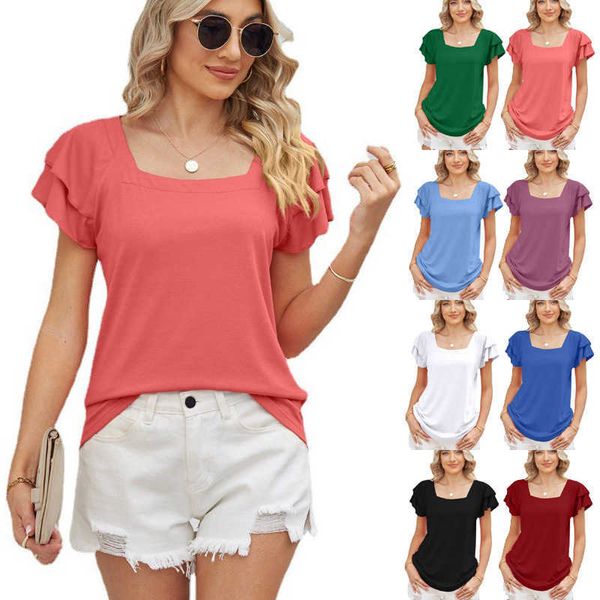 

women's 2023 summer new solid square neck t-shirt double petal sleeve loose top, White