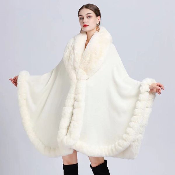 

winter elegant v lapel faux rex rabbit fur coat cape winter women big long shawl full trim fur knit cloak overcoat parka, Black