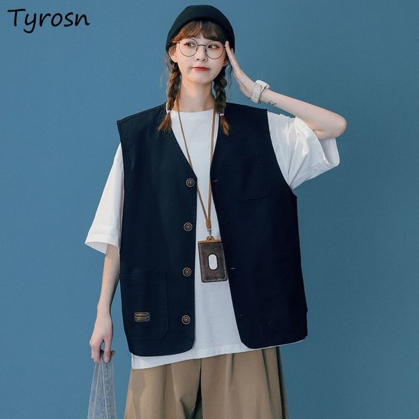 

women's vests vests women solid loose all-match button-up coats pockets safari style vintage v-neck waistcoats tooling stylish outwear, Black;white