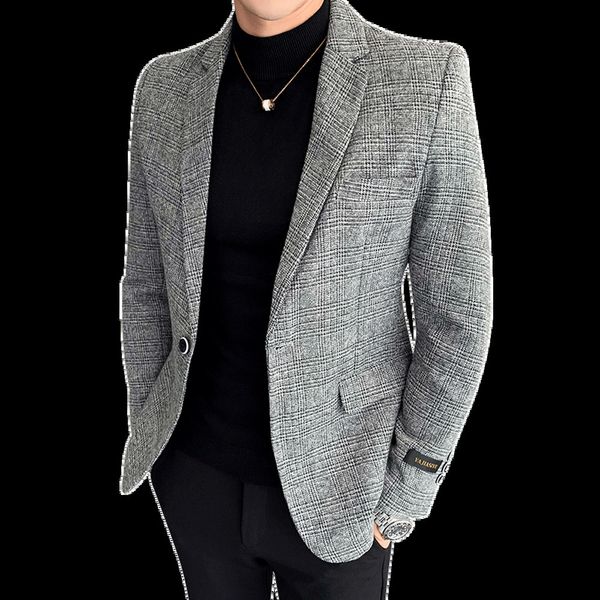 

men's suits blazers men casual blazer british style business slim fit plaid suit coat long sleeve male formal single buckle suit jacket, White;black