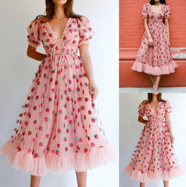 

2023 women casual strawberry sweet mesh yarn v-neck pleated long skirt maxi sundress vestidos mujer new, Black;gray
