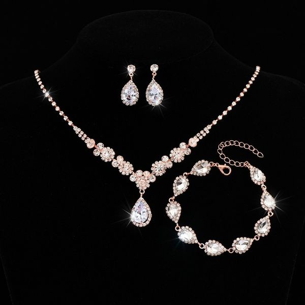 

10 new style necklace earring bracelet suit inlaid zircon rhinestone twinkle non fading bridal decorate adjeustable length necklace women we, Silver