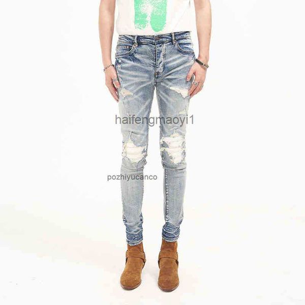 

designer men jeans ch high street tide brand washing water used blue cow hole sticking leather classic slim fit little foot