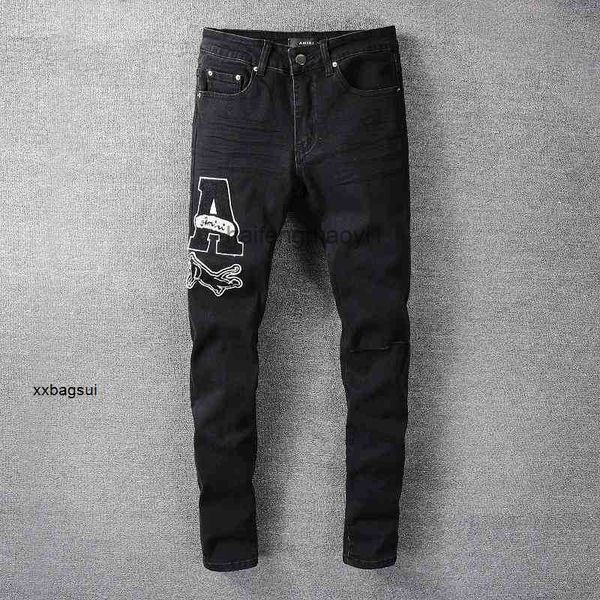 

mens jeans designer new letter embroidery black knee knife cut hole jeans men's fashion elastic slim pants 689 hip hop, Blue