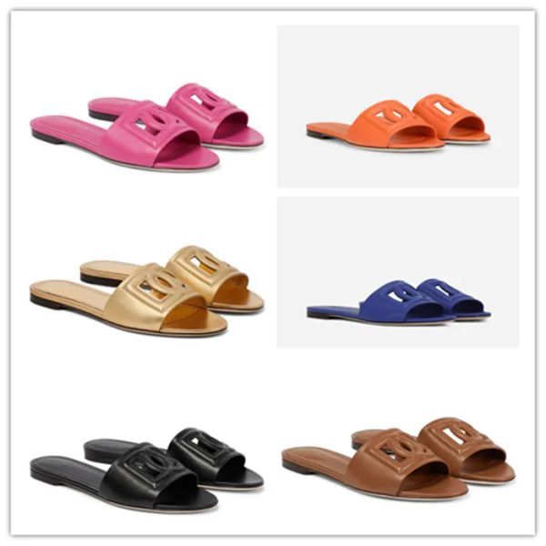 

designer slides sandals women's luxury logo cutout leather slide flat heel eu34-43 with box holiday beach indoor outdoor, Black