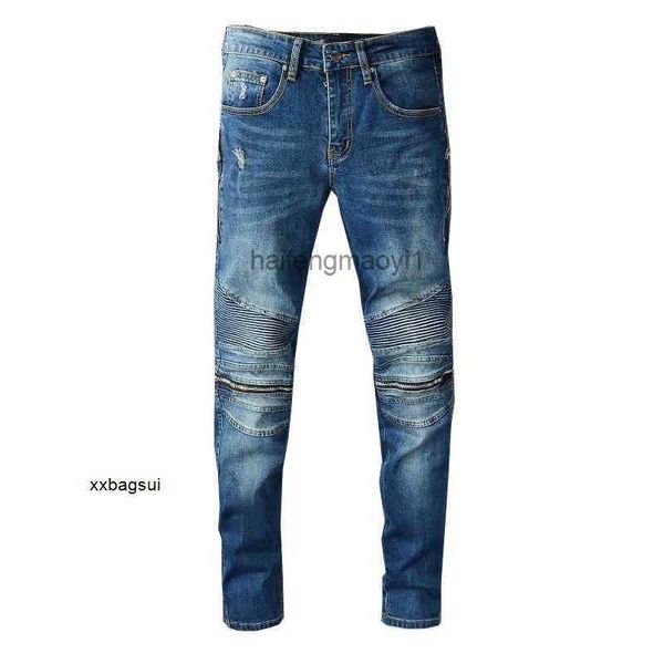 

mens jeans trend street trendy blue knee zipper elastic tight legged jeans 667 myz