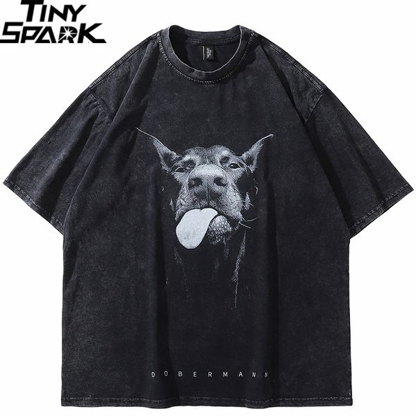 

men s t shirts 2023 men streetwear hip hop oversized funny doberman dog graphic vintage washed black shirt harajuku ee cotton 230321, White;black
