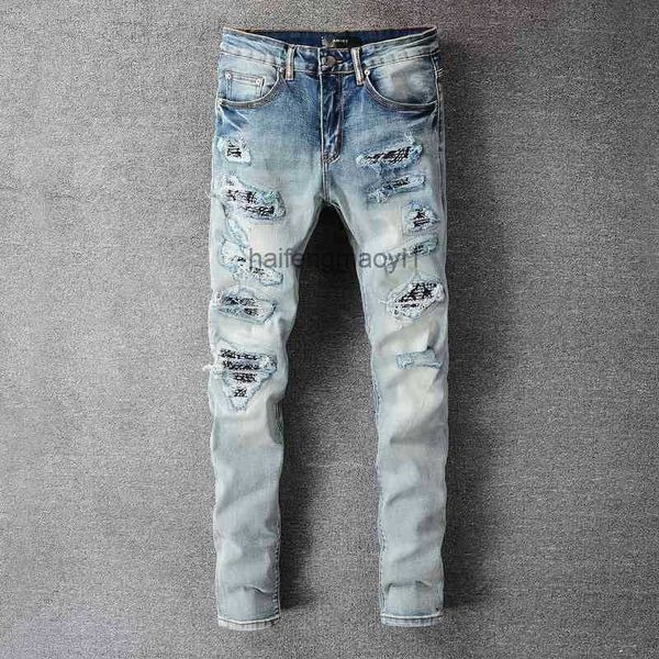 

mens jeans designer new light color hole patch jeans men's fashion high street style elastic slim fit pants 677 hip hop cts, Blue