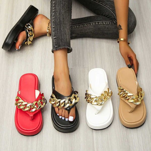 

2023summer slippers new plus size herringbone women flat beach shoes 2022 summer vintage metal chain platform womens flip-flops sandals y230, Black
