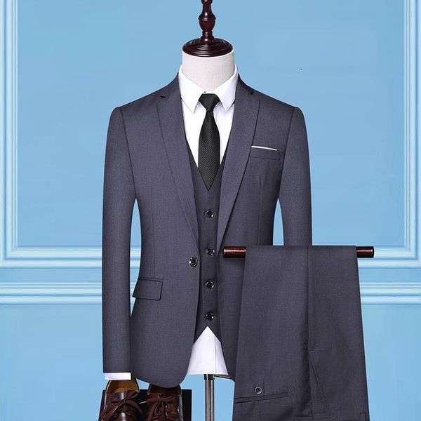 

men's suits blazers men suit waistcoat trousers fashion slim-fitting wedding party dress casual business solid color suit three-piece s, White;black