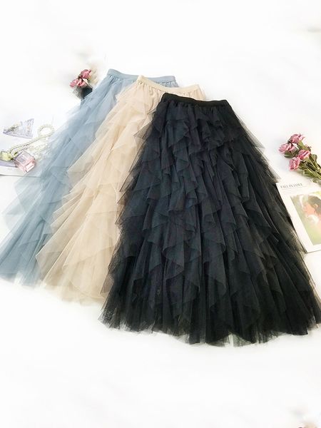 

skirts fashion tutu tulle skirt women long maxi skirt spring summer korean black pink high waist pleated skirt female 230322