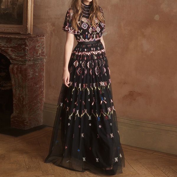 

party dresses qian han zi summer designer fashion runway maxi dress women short sleeves vintage mesh embroidery long dress 230322, White;black